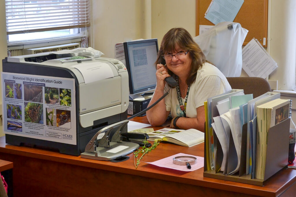 A photo of a Rutgers Master Gardener answering the phone in the Rutgers Extension Office.
